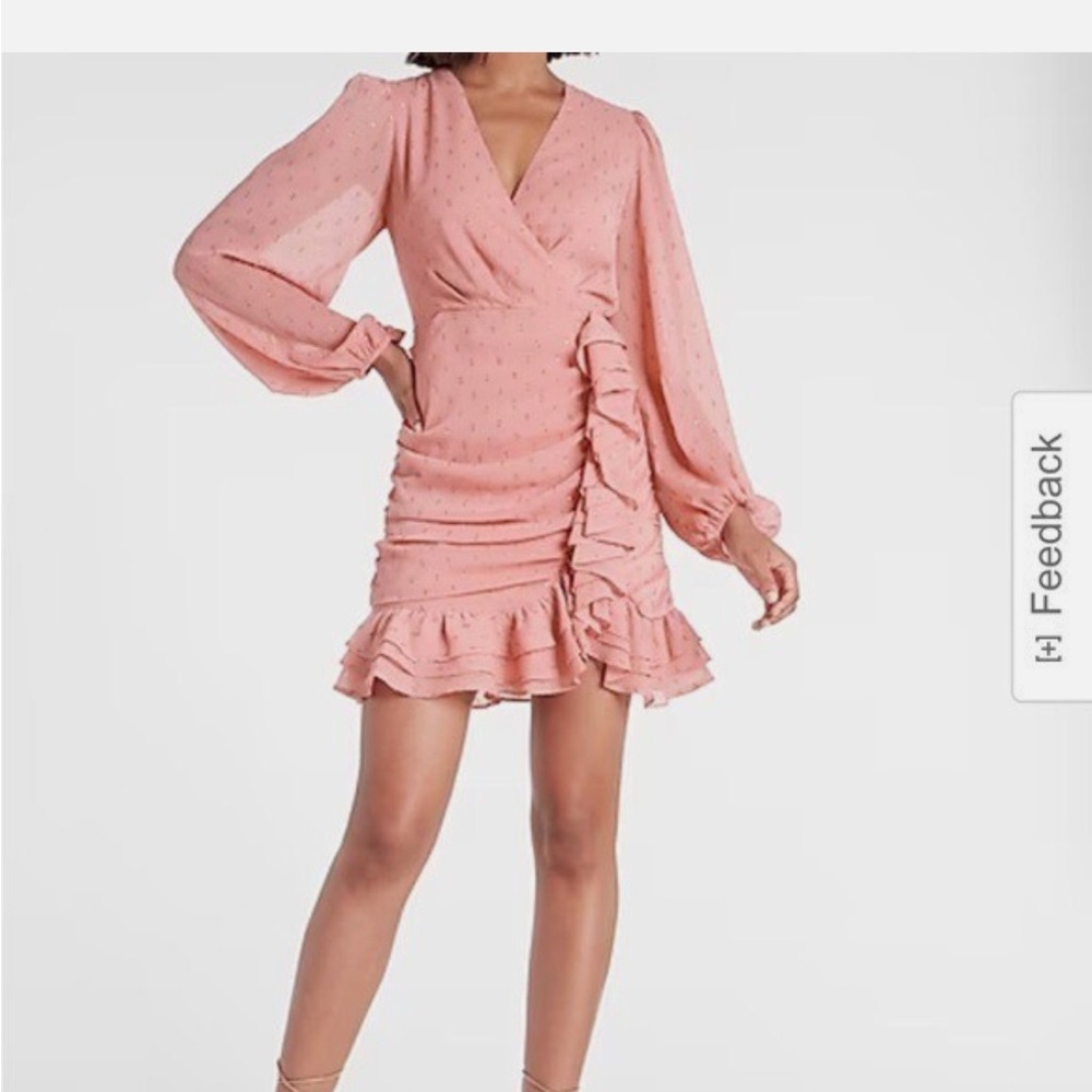 Express Pink Metallic Faux Wrap Ruffle Detail Mini Dress
